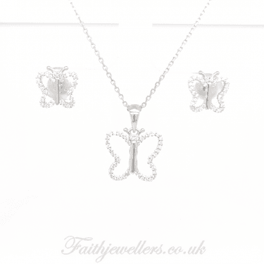 Sterling Silver Plain Body Butterfly with Open CZ Wings Earrings & Pendant Set 14x12mm