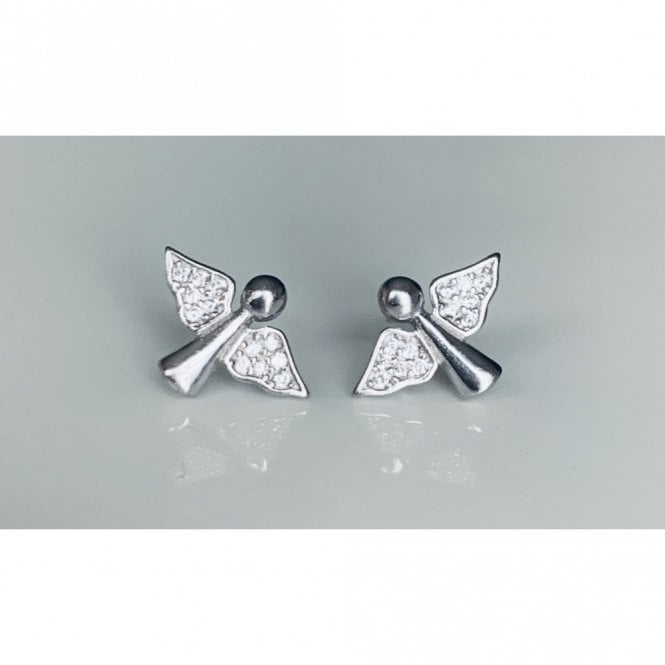 Faith Sterling Silver Sterling Silver Plain Body with Rubover Pave CZ Wings Angel Stud Earrings 9x13mm