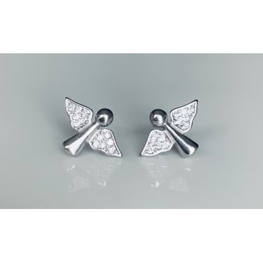 Sterling Silver Plain Body with Rubover Pave CZ Wings Angel Stud Earrings 9x13mm