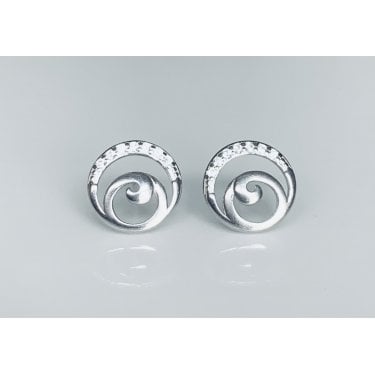 Sterling Silver Plain Circle Swirl with Part CZ Stud Earrings 10x10mm