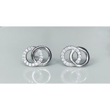 Sterling Silver Plain Circle with CZ Circle Stud Earrings 11x8mm