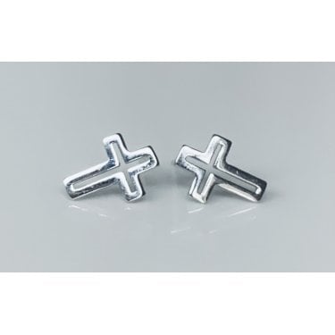 Sterling Silver Plain Cross Outline Stud Earrings 11x8mm
