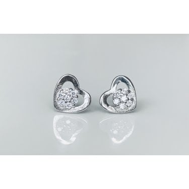 Sterling Silver Plain Heart Outline with Round CZ Cluster Centre Stud Earrings 7x7mm