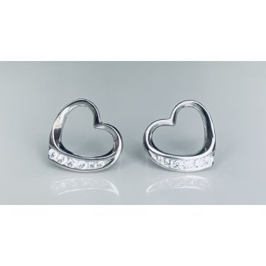 Sterling Silver Plain Open Heart with CZ Outside Edge Stud Earrings 12x12mm