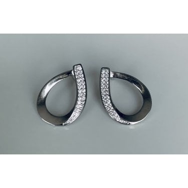 Sterling Silver Plain Open Pear with Pave Outside Edge Stud Earrings 19x13mm