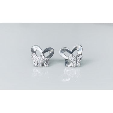 Sterling Silver Plain Outline Butterfly with Small CZ Butterfly in Front Stud Earrings 8x9mm