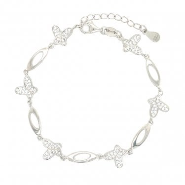 Sterling Silver Plain Oval Link & Pave Butterfly Extendable Bracelet 16+4cm