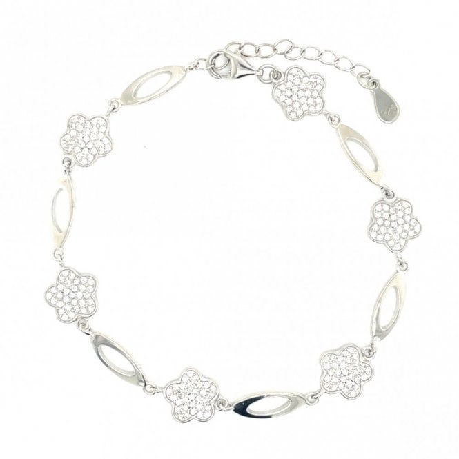 Faith Sterling Silver Sterling Silver Plain Oval Link & Pave Flower Extendable Bracelet 16+4cm