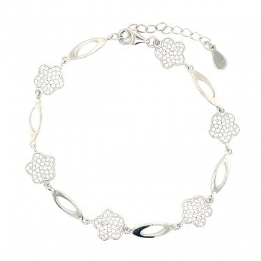 Sterling Silver Plain Oval Link & Pave Flower Extendable Bracelet 16+4cm
