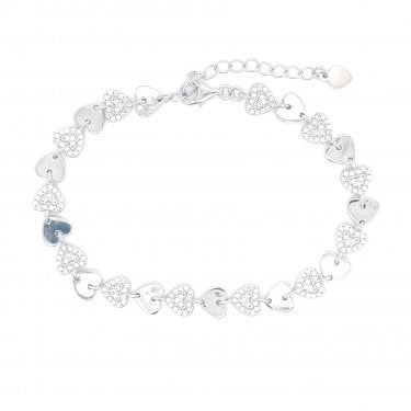 Sterling Silver Plain & Pave Alternating Hearts Link Extendable Bracelet 18+4cm