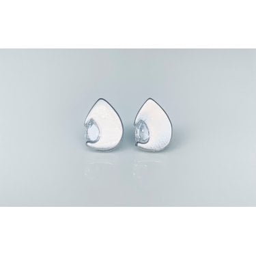 Sterling Silver Plain Pear Disc with Single CZ Pear Stone Stud Earrings 9x7mm
