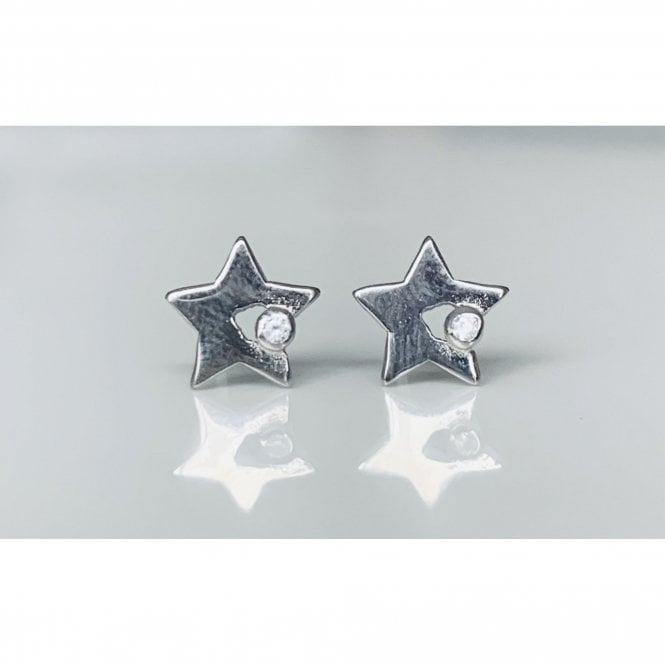 Faith Sterling Silver Sterling Silver Plain Star with Rubover Off-Centre CZ Stud Earrings 8x8mm