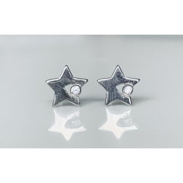 Sterling Silver Plain Star with Rubover Off-Centre CZ Stud Earrings 8x8mm
