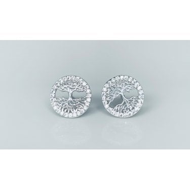 Sterling Silver Plain Tree of Life & Roots with Claw Set CZ Surround Stud Earrings 11x11mm 