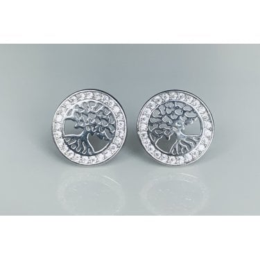 Sterling Silver Plain Tree of Life & Roots with Rubover CZ Surround Stud Earrings 10x10mm 