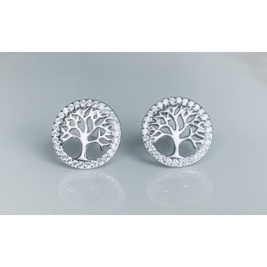 Sterling Silver Plain Tree of Life with Claw Set CZ Surround Stud Earrings 12x12mm 