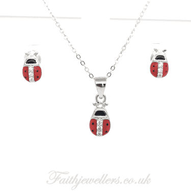 Sterling Silver Red Ladybird Earrings & Pendant Set 5x9mm
