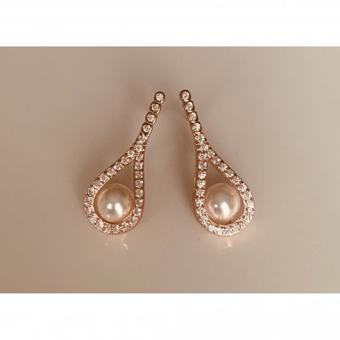 Faith Rose Gold Sterling Silver Sterling Silver Rose Gold 4 CZ Rubover Drop with CZ Pear Outline & Single Pearl 18 x 19mm Drop Earrings