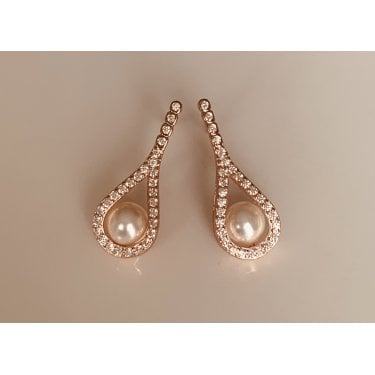 Sterling Silver Rose Gold 4 CZ Rubover Drop with CZ Pear Outline & Single Pearl 18 x 19mm Drop Earrings