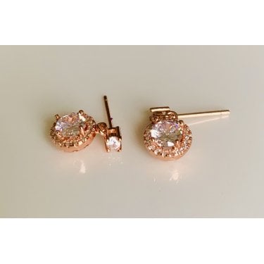 Sterling Silver Rose Gold Claw Set CZ Stud with Round Halo 15 x 7mm Drop Earrings