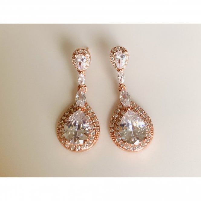 Faith Rose Gold Sterling Silver Sterling Silver Rose Gold CZ Pear Halo Stud with Fancy Link to Large Pear Halo 29 x 12mm Drop Earrings