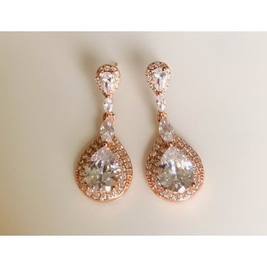 Sterling Silver Rose Gold CZ Pear Halo Stud with Fancy Link to Large Pear Halo 29 x 12mm Drop Earrings