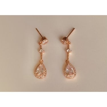 Sterling Silver Rose Gold CZ Stud with Pear Halo 28 x 6mm Drop Earrings