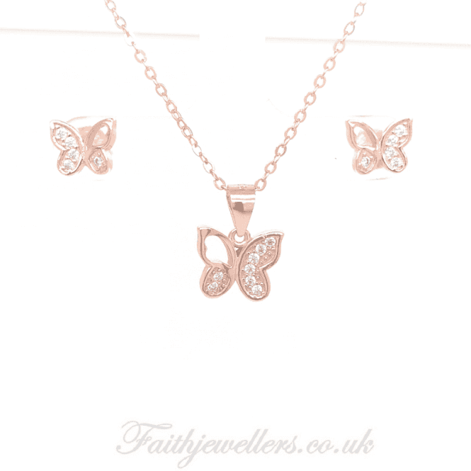 Faith Rose Gold Sterling Silver Sterling Silver Rose Gold E-Coated CZ Butterfly Earring and Pendant Set 10x10mm