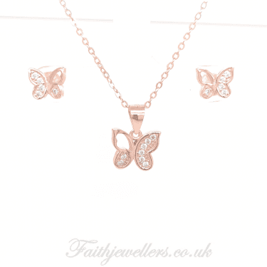 Sterling Silver Rose Gold E-Coated CZ Butterfly Earring and Pendant Set 10x10mm