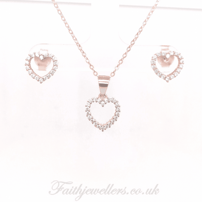Faith Rose Gold Sterling Silver Sterling Silver Rose Gold E-Coated CZ Heart Earring and Pendant Set 9x8mm