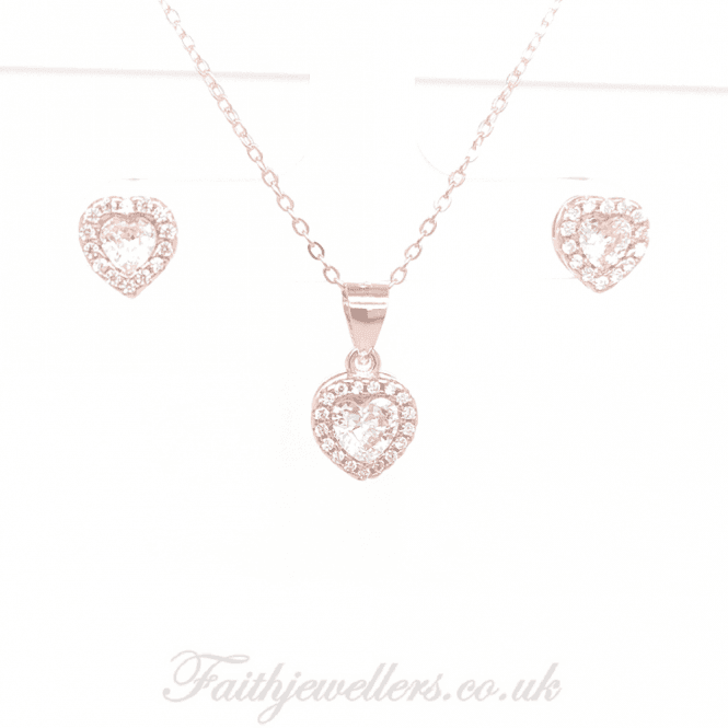 Faith Rose Gold Sterling Silver Sterling Silver Rose Gold E-Coated CZ Heart Halo Earring and Pendant Set 8x8mm