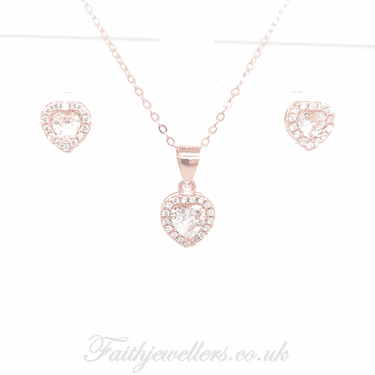 Sterling Silver Rose Gold E-Coated CZ Heart Halo Earring and Pendant Set 8x8mm