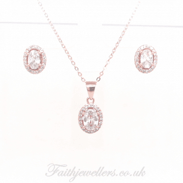 Sterling Silver Rose Gold E-Coated Earring and Pendant Set 3x7mm