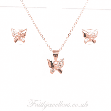 Sterling Silver Rose Gold E-Coated Earring and Pendant Set 9x9mm
