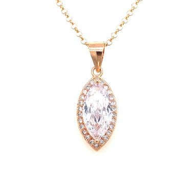 Sterling Silver Rose Gold Marquise Claw Set Halo Necklace 15x8mm, 16-18"