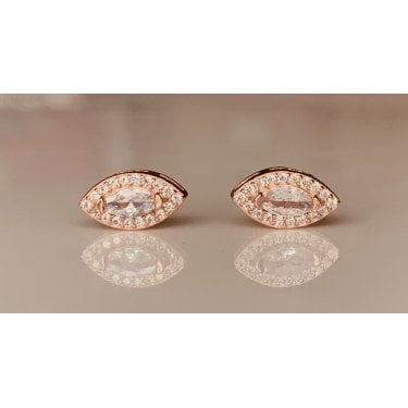 Sterling Silver Rose Gold Marquise Stone CZ 10 x 6mm Halo Stud Earrings