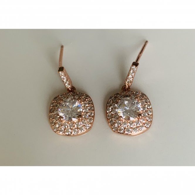 Faith Rose Gold Sterling Silver Sterling Silver Rose Gold Micron CZ Bar with Cushion Edge Double Halo 17 x 10mm Drop Earrings