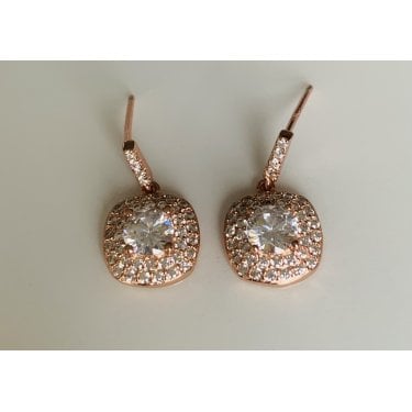 Sterling Silver Rose Gold Micron CZ Bar with Cushion Edge Double Halo 17 x 10mm Drop Earrings