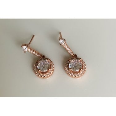 Sterling Silver Rose Gold Micron CZ Bar with Round Floating Halo Drop 20 x 8mm Earrings