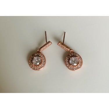 Sterling Silver Rose Gold Micron CZ Bar with Round Floating Halo Drop 21 x 10mm Earrings