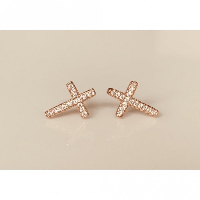 Faith Rose Gold Sterling Silver Sterling Silver Rose Gold Micron CZ Cross 8x11mm Stud Earrings
