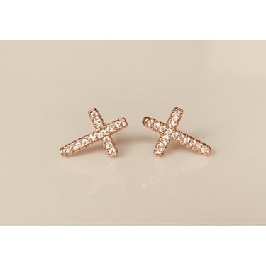Sterling Silver Rose Gold Micron CZ Cross 8x11mm Stud Earrings