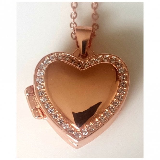 Faith Rose Gold Sterling Silver Sterling Silver Rose Gold Micron CZ Edge Plain Heart 18mm x 17mm Locket on 18