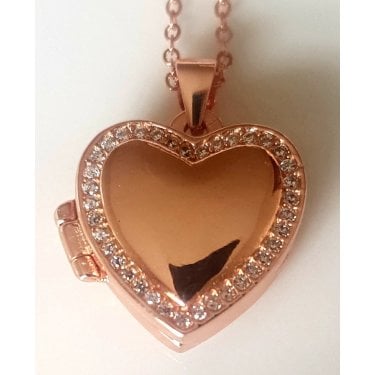 Sterling Silver Rose Gold Micron CZ Edge Plain Heart 18mm x 17mm Locket on 18" Diamond Cut Chain