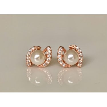 Sterling Silver Rose Gold Micron CZ Fancy Pearl 11mm Stud Earring