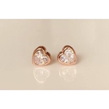 Sterling Silver Rose Gold Micron CZ Rubover Heart 6mm Stud Earrings
