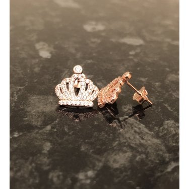 Sterling Silver Rose Gold Micron CZ Single Stone Top Crown 13mm Stud Earrings