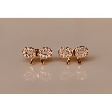 Sterling Silver Rose Gold Micron CZ Top Bow Stud 11mm Earrings