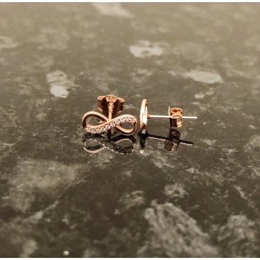 Sterling Silver Rose Gold Micron Half CZ, Half Plain Infinity Stud 12mm Earrings