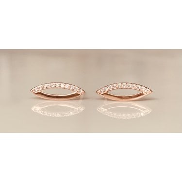 Sterling Silver Rose Gold Micron Half CZ, Half Plain Open Marquise 4x12mm Stud Earrings